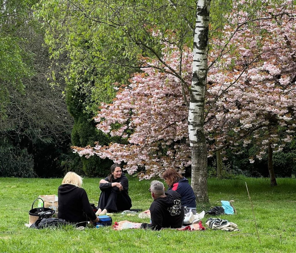 Group of people having a picnic in a park