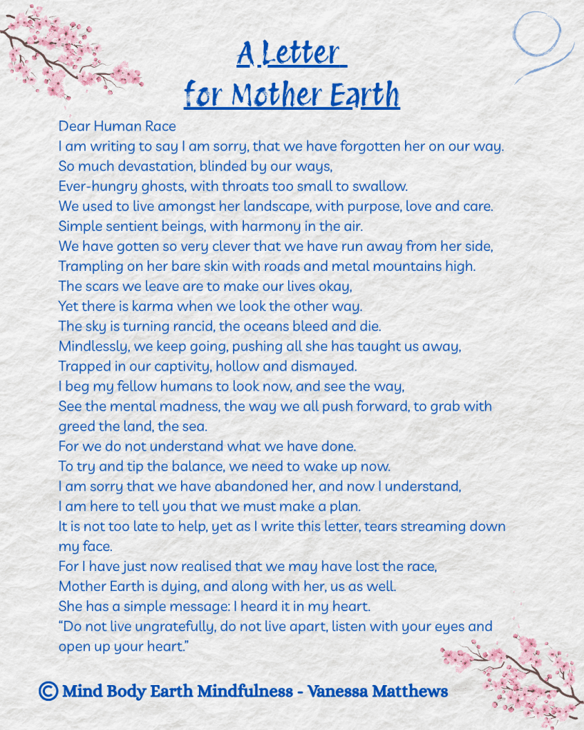 Poem titled "A Letter for Mother Earth" by Vanessa Matthews, reflecting on humanity’s disconnection from nature.