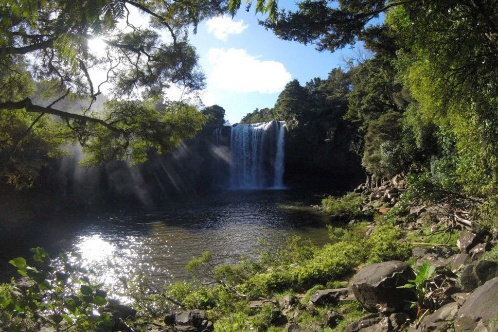 Waterfall surrounded by green forest with sunlight streaming through the trees and reflecting on the water below.